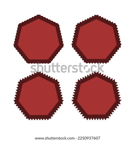 Zigzag edge red heptagon stroke shapes. A group of 4 heptagons with jagged outside edges. Isolated on a white background.