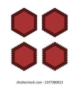Zigzag edge red hexagon stroke shapes. A group of 4 hexagons with dark, jagged outside edges and varying degrees of thickness. Isolated on a white background.