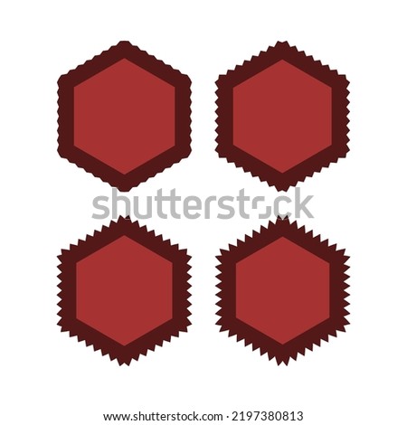 Zigzag edge red hexagon stroke shapes. A group of 4 hexagons with dark, jagged outside edges and varying degrees of thickness. Isolated on a white background.