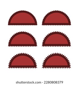 Zigzag edge red semicircle stroke shapes. A group of 6 half-circle symbols with jagged outside edges. Isolated on a white background.