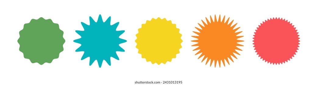 Zigzag edge round shapes collection. Colorful Jagged sticker or stamp set with wavy edges