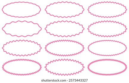 Zigzag edge rounded rectangle shapes. A group of 12 rectangular shapes with round corners, jagged outside edges and varying degrees of thickness. Isolated on a white background.