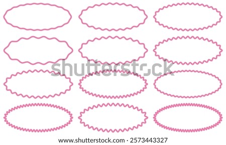 Zigzag edge rounded rectangle shapes. A group of 12 rectangular shapes with round corners, jagged outside edges and varying degrees of thickness. Isolated on a white background.