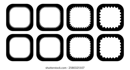 Zigzag edge rounded square frames collection. Jagged sticker or stamp set with wavy edge