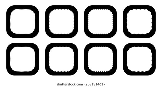 Zigzag edge rounded square frames collection. Jagged sticker or stamp set with wavy edge