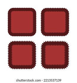 Zigzag edge rounded square red frames. A group of 4 squared shapes with jagged inside and outside edges. Isolated on a white background.