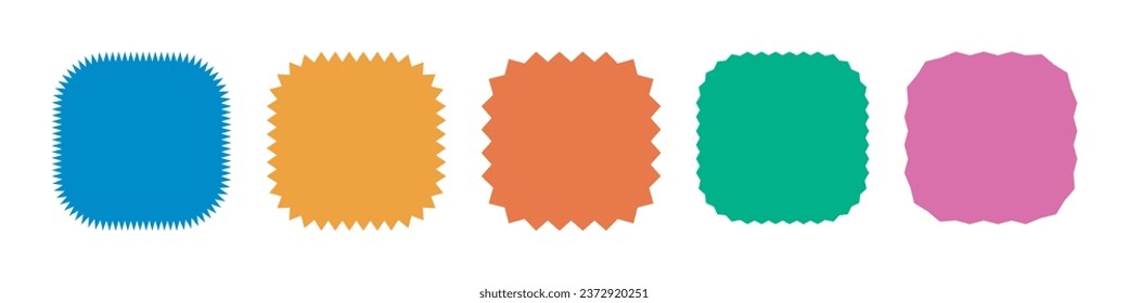 Zigzag edge rounded square shapes collection. Colorful Jagged sticker or stamp set with wavy edges