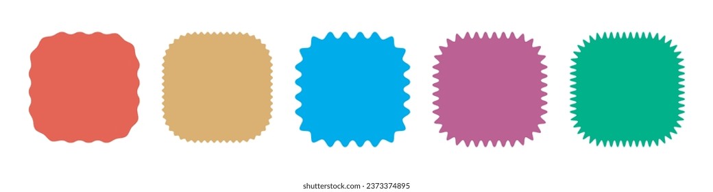 Zigzag edge rounded square shapes collection. Colorful Jagged sticker or stamp set with wavy edges