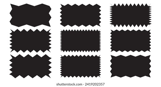 Zigzag edge square shapes icon set. A group of 4 squared shapes with jagged edges. Isolated on a white background. Zigzag frame. 11:11 