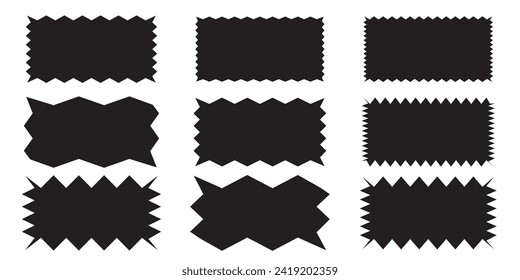 Zigzag edge square shapes icon set. A group of 4 squared shapes with jagged edges. Isolated on a white background. Zigzag frame. 11:11 