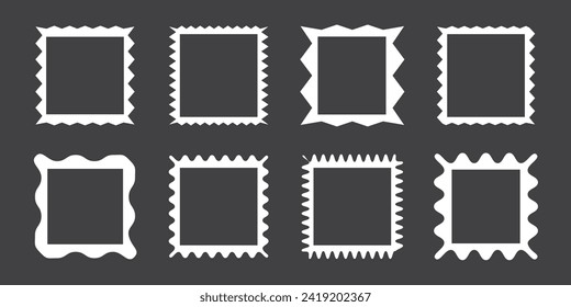 Zigzag edge square shapes icon set. A group of 4 squared shapes with jagged edges. Isolated on a white background. Zigzag frame. 11:11 