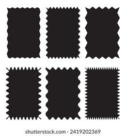 Zigzag edge square shapes icon set. A group of 4 squared shapes with jagged edges. Isolated on a white background. Zigzag frame. 11:11 