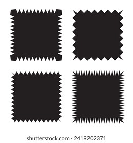 Zigzag edge square shapes icon set. A group of 4 squared shapes with jagged edges. Isolated on a white background. Zigzag frame. 11:11 