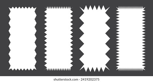 Zigzag edge square shapes icon set. A group of 4 squared shapes with jagged edges. Isolated on a white background. Zigzag frame. 11:11 