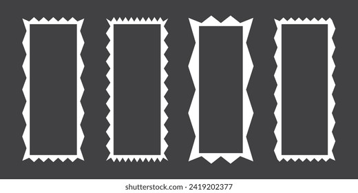 Zigzag edge square shapes icon set. A group of 4 squared shapes with jagged edges. Isolated on a white background. Zigzag frame. 11:11 