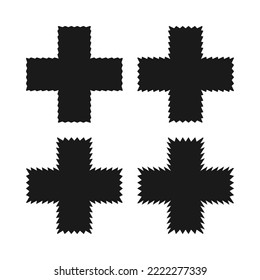 Zigzag edge Swiss cross icon set. A group of 4 black symbols with jagged edges. Isolated on a white background.
