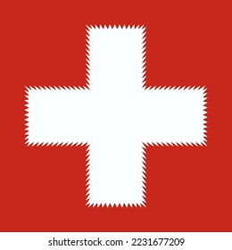 Zigzag edge Swiss cross red frame. A white symbol outline with arms of equal length and jagged edges on a red background.