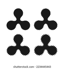 Zigzag edge triple metaball shape icons. A group of symbols made from circular shapes morphed together with jagged edges. Isolated on a white background.