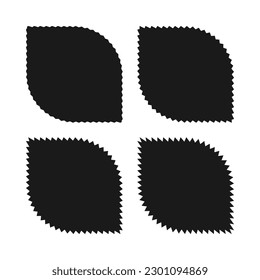 Zigzag edge, two-corner circle leaves. A group of 4 circular shapes with 2 squared corners and jagged edges. Isolated on a white background.