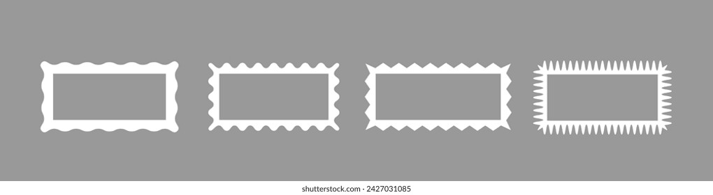 Zigzag edge white hollow rectangle stroke shapes. Set rectangular frames with jagged outside edges.