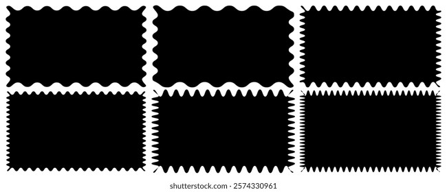 Zigzag edges, Geometric shapes, Rectangle shape frame with zigzag edge for labels, banners, tags, stamps. Scallop edge shape set. Geometric zig zag wavy labels, isolated on white background. EPS 10.