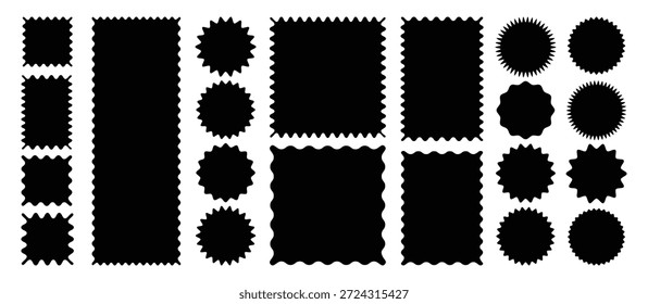 Zickzackkanten gesetzt. Silhouette Aufkleber Kreis, Quadrat, Oval und Rechteck Etiketten. Aufgerissenes Papier, gezackte rechteckige Form Box Element mit Zickzack-Kanten.