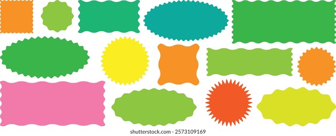 Zigzag edges set. Torn paper, jagged rectangular shape box element set with zigzag edges. Wavy edge frame. Silhouette stickers circle, square, oval and rectangle labels. Zigzag frames or shapes