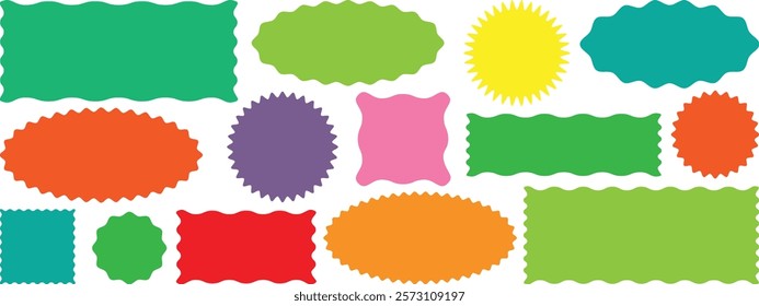 Zigzag edges set. Torn paper, jagged rectangular shape box element set with zigzag edges. Wavy edge frame. Silhouette stickers circle, square, oval and rectangle labels. Zigzag frames or shapes