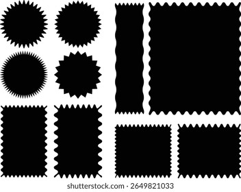 Zigzagranden ingesteld. Gescheurd papier, gekartelde rechthoekige vorm doos element set met zigzag randen. Silhouet stickers cirkel, vierkant, ovaal en rechthoek labels