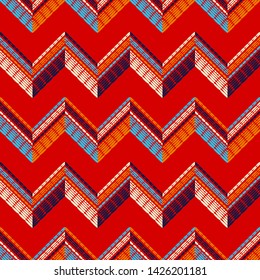 Zigzag. Ethnic boho seamless pattern. Lace. Embroidery on fabric. Patchwork texture. Weaving. Traditional ornament. Tribal pattern. Folk motif. Can be used for wallpaper, textile, wrapping, web.