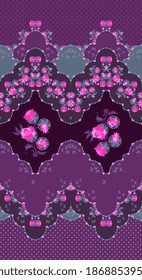 Zigzag floral border on polka dot background. Beautiful seamless design with pink flowers. Print for fabric, dress, curtains, bedding.