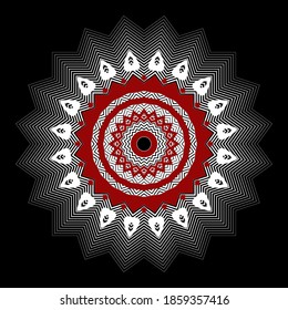 Zigzag Blumenhalfton Vektormandala Muster. Abstrakte Linienkunst, strukturierter Hintergrund. Moderne, orangefarbene Kulisse mit Zickzacklinien, Kreisen. Halbtonzack-Zag-Blumenschmuck für die Oberfläche. Radialstamm-Design