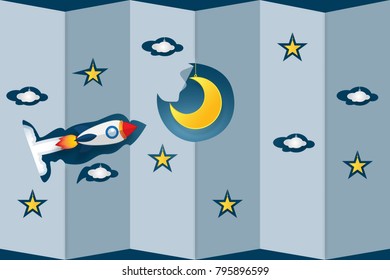 zigzag folding paper design of rocket launch flying, half moon, clouds and stars in the night as paper art and craft style concept. vector illustrator.