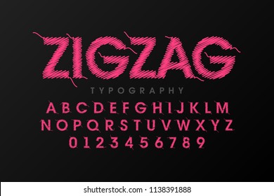 Zigzag font stitched with thread, embroidery font alphabet letters and numbers vector illustration