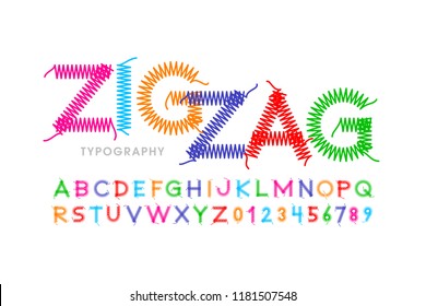Zigzag Font Stitched With Thread, Embroidery Font Alphabet Letters And Numbers Vector Illustration