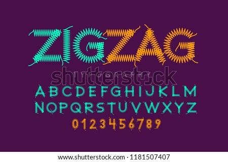 Zigzag font stitched with thread, embroidery font alphabet letters and numbers vector illustration