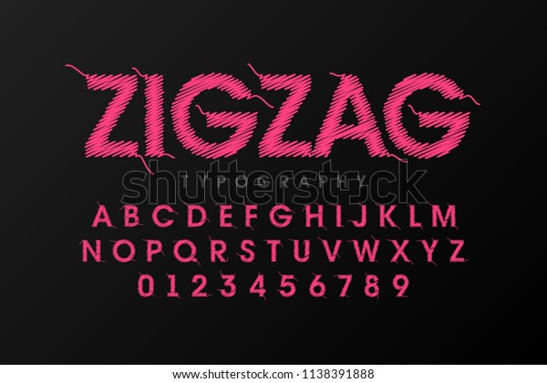 糸で綴じたジグザグのフォント 刺繍のアルファベット文字 数字のベクターイラスト のベクター画像素材 ロイヤリティフリー