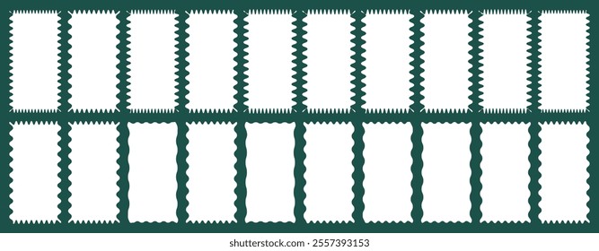 Zigzag frame. Rectangle shape frame with zigzag edge. Rectangular jagged curved box element. Geometric zig zag wavy stickers. Wiggly undalute square badge. Set of various shapes and types frames.