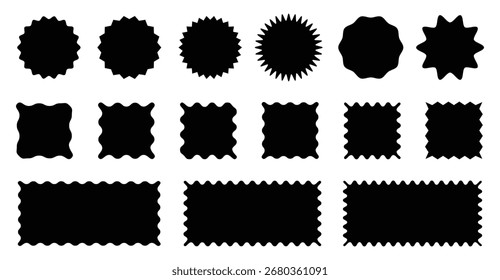 Zigzag frame of set. Different shapes and sizes frame with zigzag edge. Silhouette stickers circle, square, and    rectangle labels.  Scallop squiggly . Geometric shapes with zigzag .  
