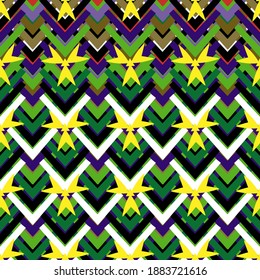 Zickzack-Geometrie-Rhombus nahtlos grün-weißes afrikanisches Muster mit gelbem Shamrock