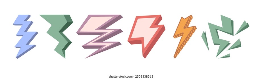 Zigzag geometric shape, isolated collection of flash sign. Vector electricity danger, thunderstorms and powerful energy, bolt logo. Voltage or battery charge label. Bright strike thunder