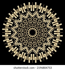 Zigzag gold mandala. Golden tribal ethnic vector background. Round traditional mandala with radial zig zag lines, zipper frame. Beautiful decorative luxury ornaments. Ornamental trendy ornate design.