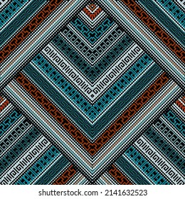 Zigzag greek borders seamless pattern. Modern colorful zig zag vector background. Striped repeat tribal ethnic chevron backdrop. Ancient borders ornament. Greek key meanders, dotted lines, stripes.