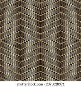 Zigzag greek Gold nahtlose Muster. Gestreifter ethnischer Stamm, traditioneller Zickzackhintergrund. Zig zag wiederholen Hintergrund. Schöpferdekoration. Elegantes, schönes goldenes Design. Griechischer Schlüssel, Mäander, Rhombus.