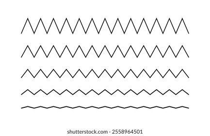 Zigzag horizontal lines of different amplitude. Set of simple jagged borders. Zig zag stripes isolated on white background. Vector graphic illustration.