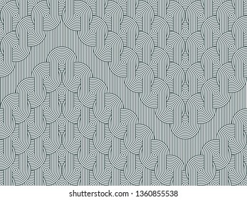 Zigzag horizontal seamless pattern with concentric circles on striped background