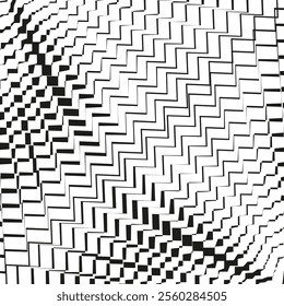 Zigzag line distortion. Abstract warped pattern. Dynamic optical art. Black white background.