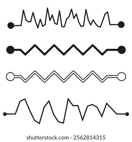 Zigzag line icons. Wavy and angular shapes. Black vector outlines. Abstract dynamic details.