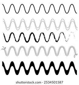 Conjunto de divisores de página em ziguezague. Conjunto de linhas onduladas, ziguezague e coleção de bordas estridentes, ondas vetoriais. Elementos de design gráfico - EPS