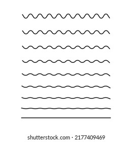 Zigzag line. Undulate wave. Wavy curve and squiggle. Wiggly pattern for divider, sine and border. Serrated pattern with different amplitude. Parallel graphic zig zag. Vector.